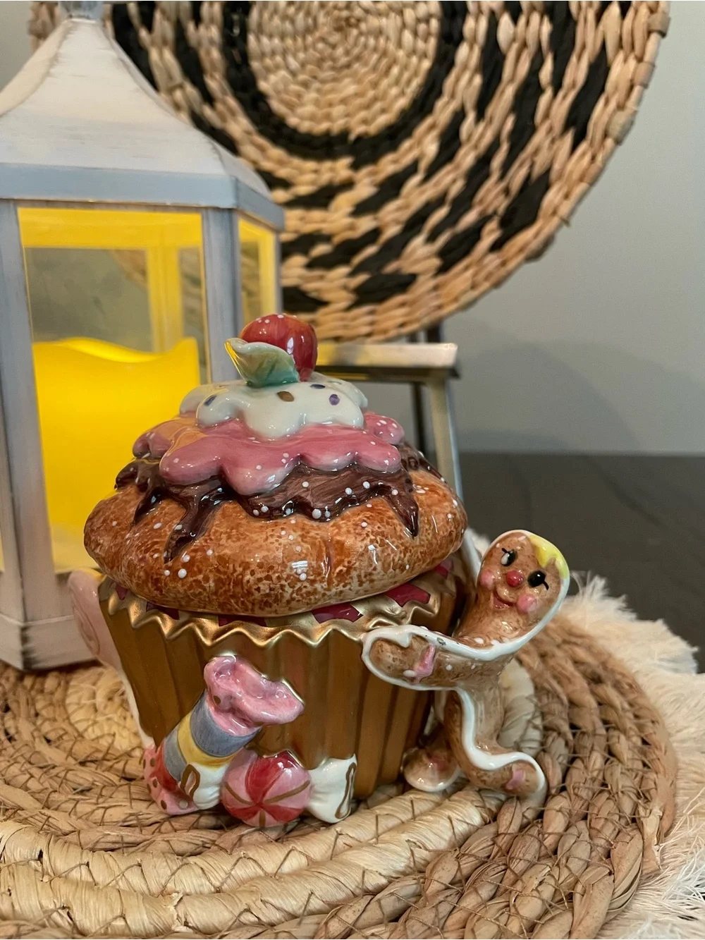 Decorative Pink & Brown Ceramic Cupcake Jar with Gingerbread Accent